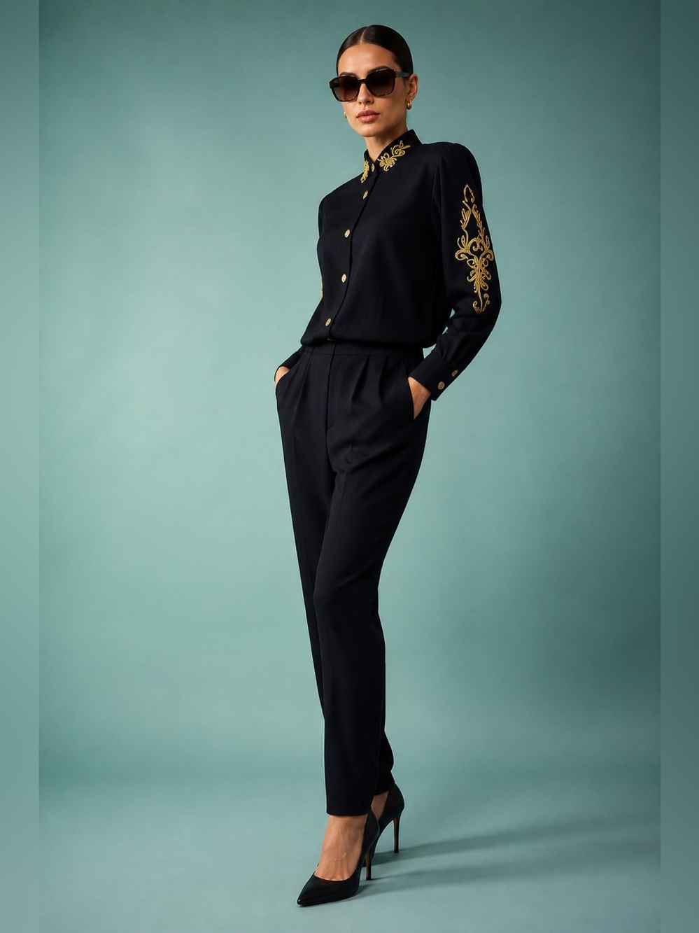 80s Jumpsuit Stirrups PG Collection by Ginger Bort Romper Gold Embroidery XL
